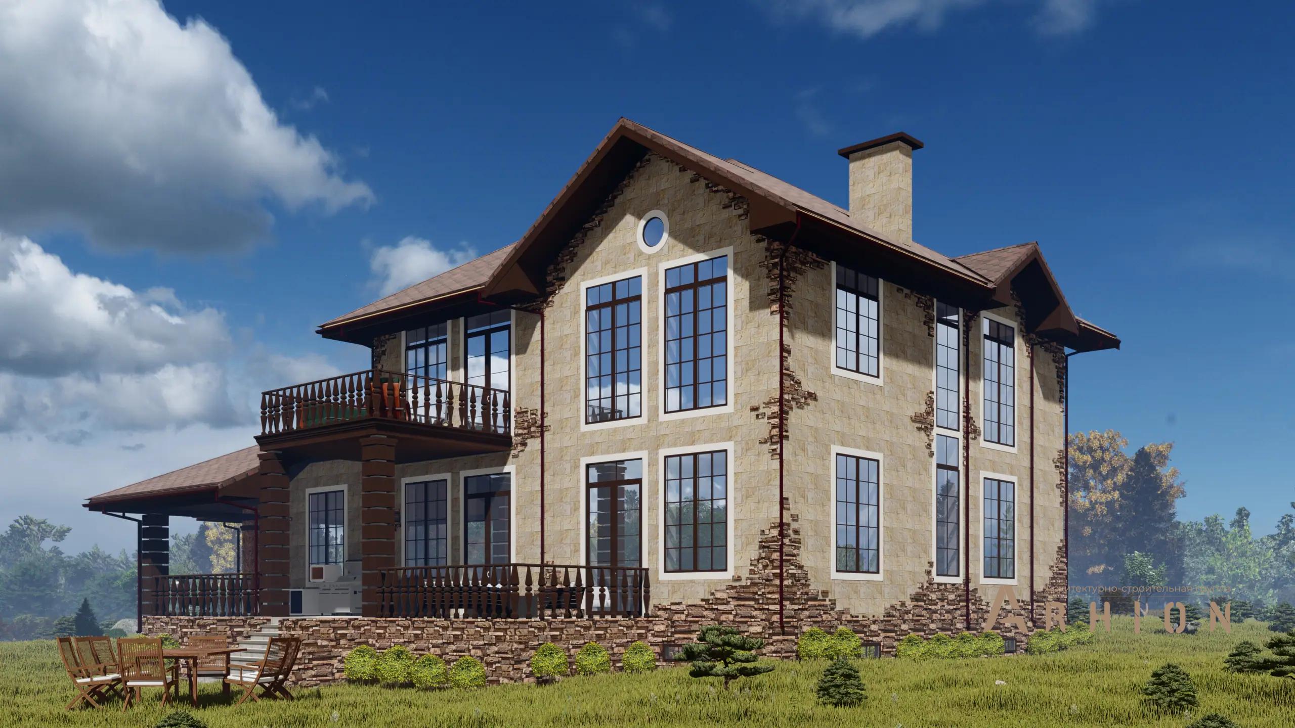 3. Проект двухэтажного дома в европейском стиле с многоскатной кровлей, h-1613, площадью - 642 кв c цокольным этажом, сауной, терассой, балконом, гаражом